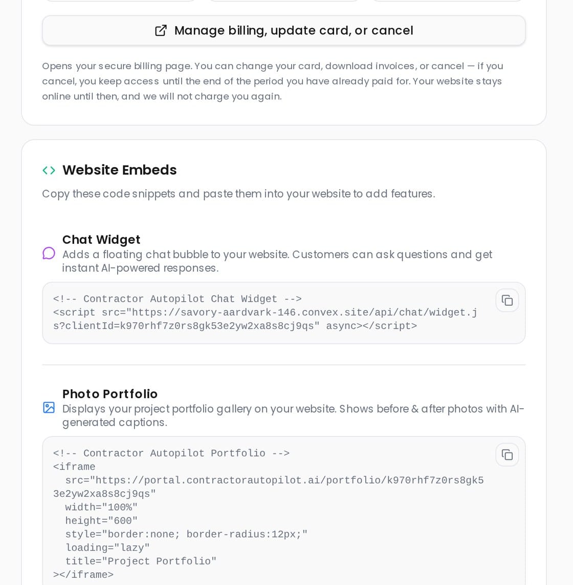 Embed codes for chat, booking, quote request and photo gallery