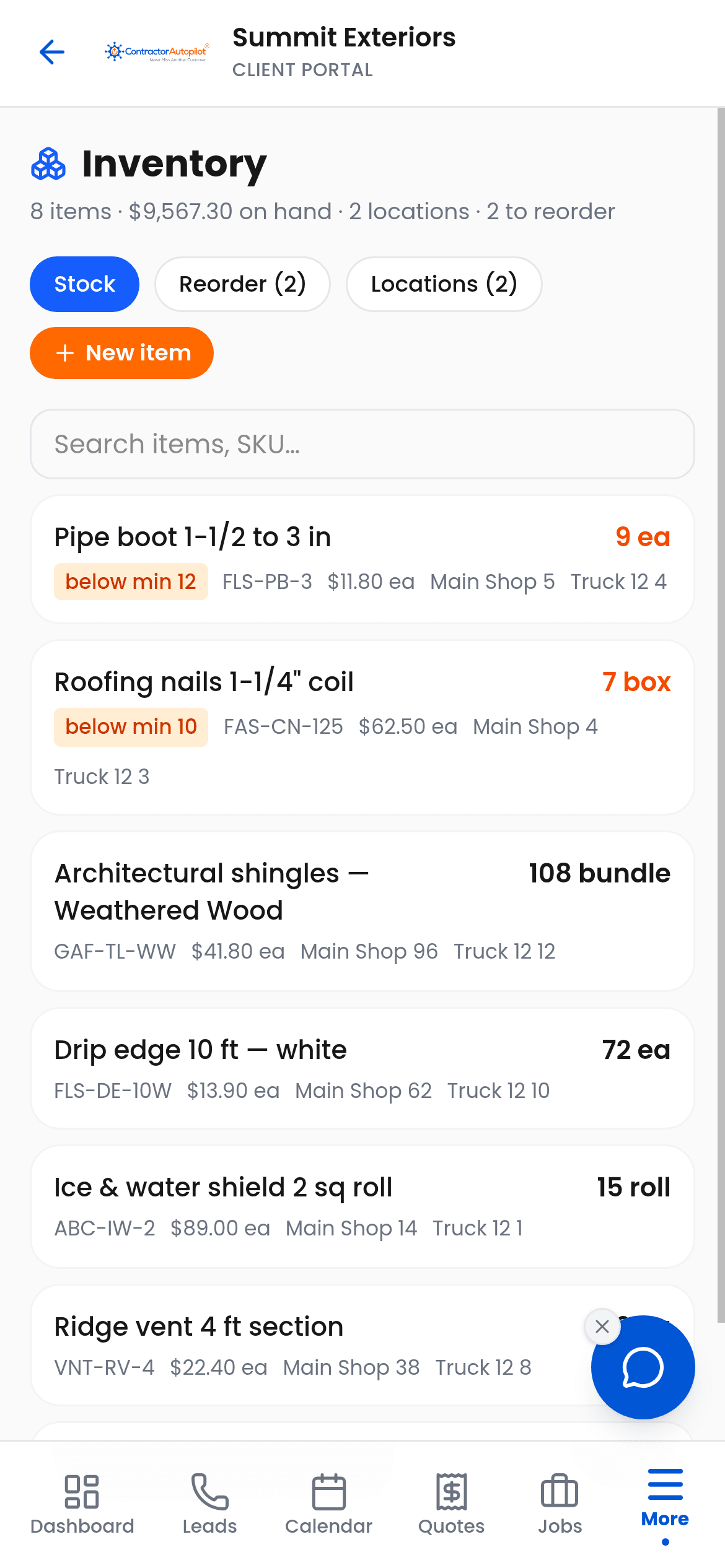 Contractor inventory by shop and truck