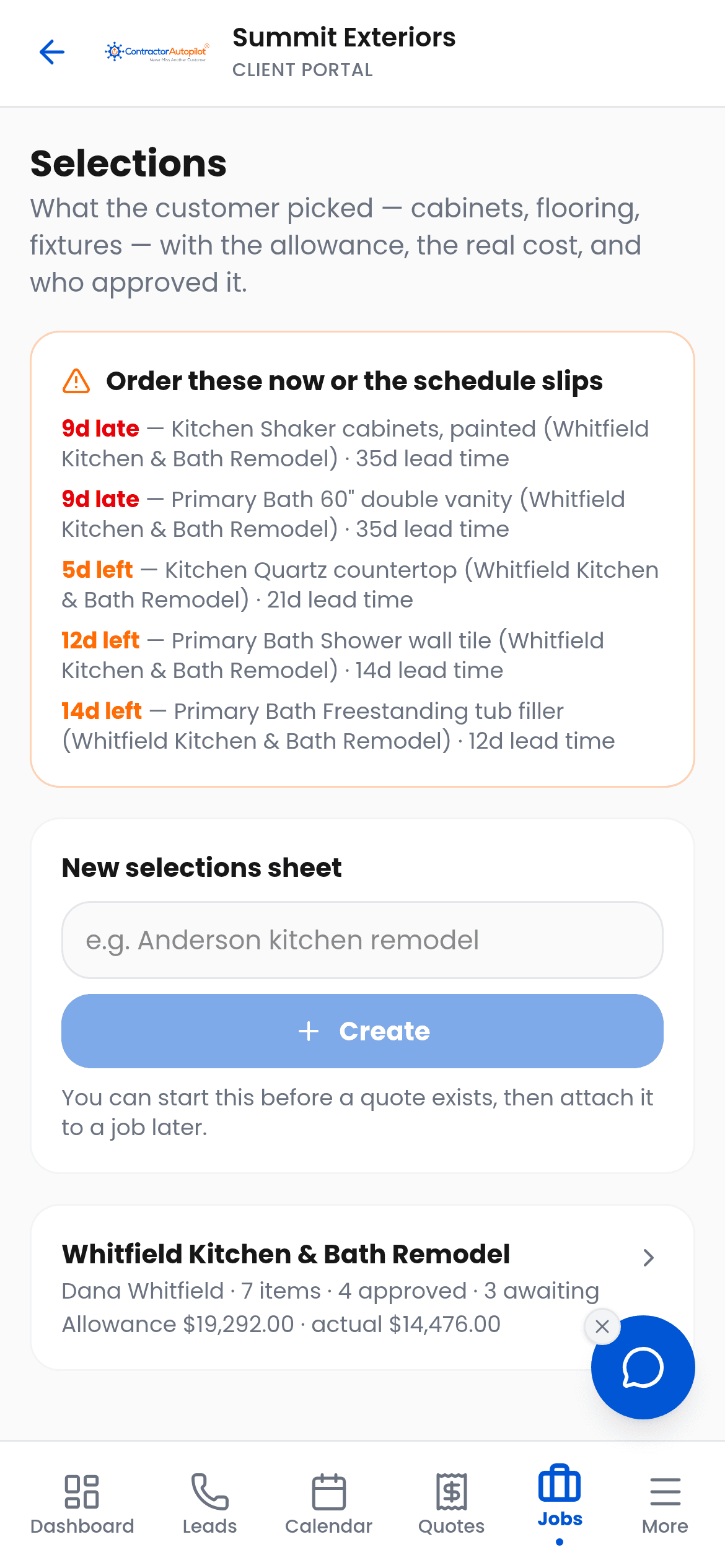 Contractor selections sheet with allowances